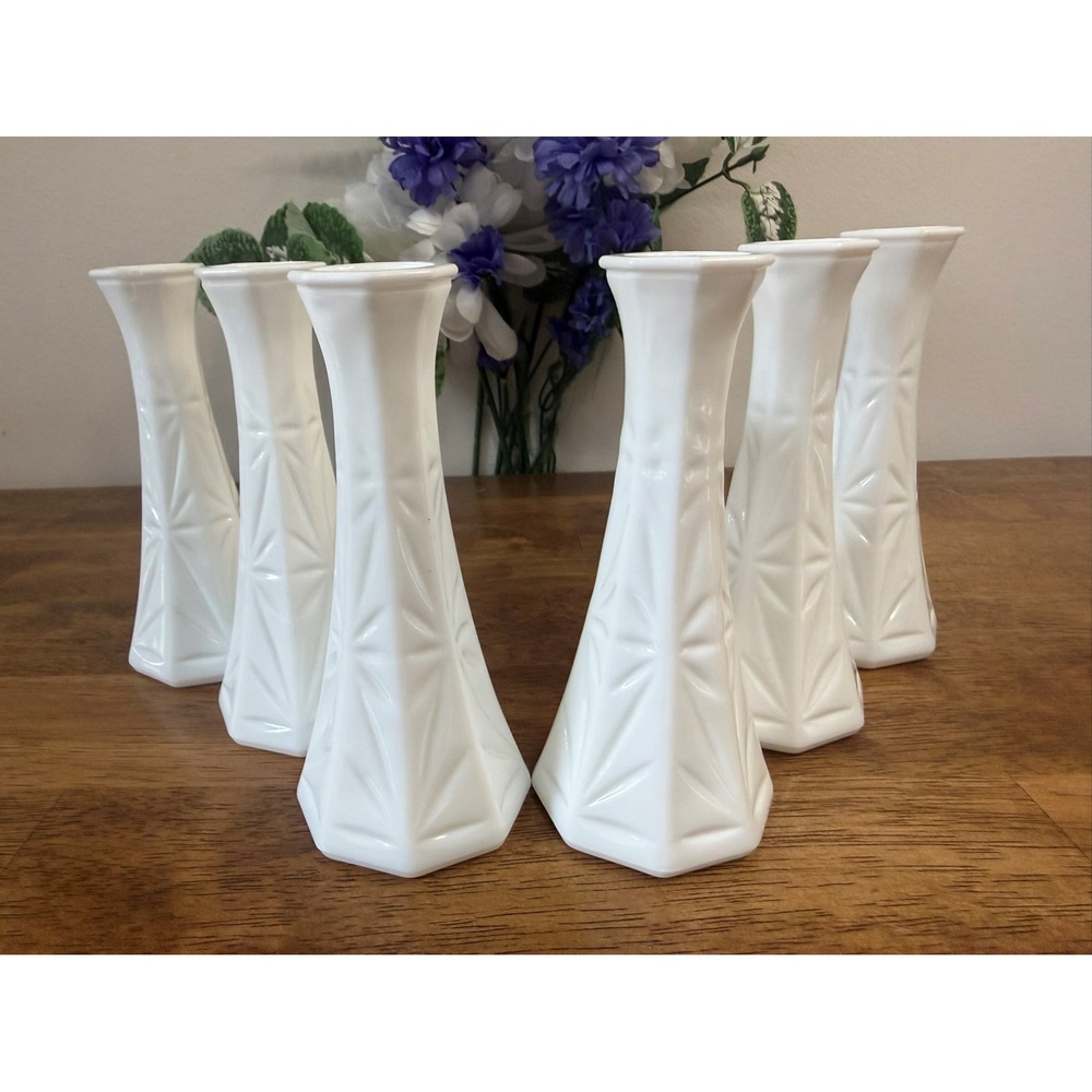 Hoosier Glass Milk Glass Vase Set Six Starburst‎ Pattern White Vintage Wedding
